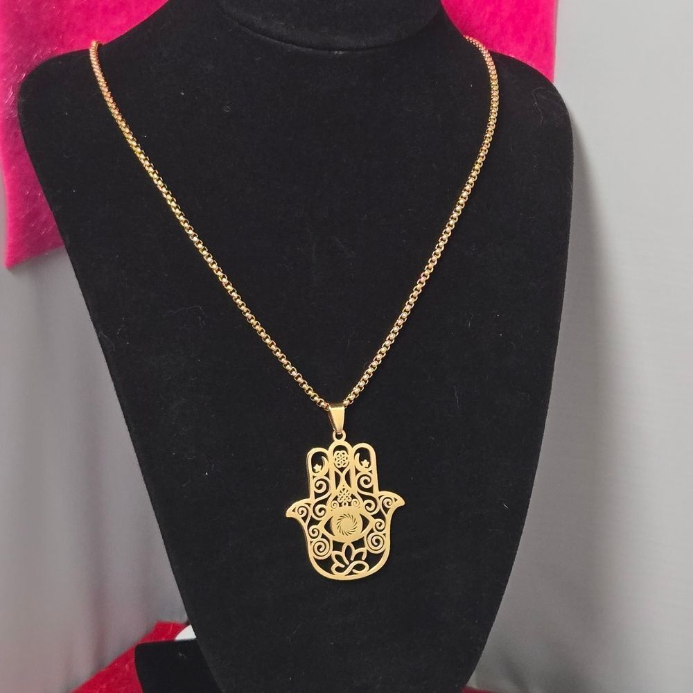 Gold Hamsa Flower of Life Necklace ✨ 24" Stainless Steel Pendant Fatima Hand